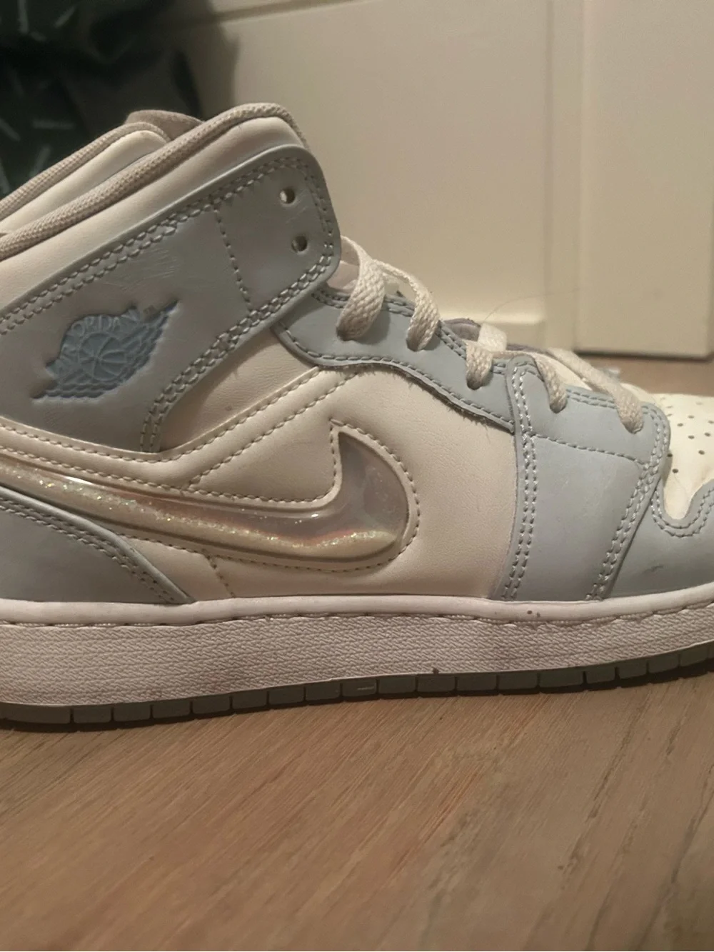 Baby Blue and White High-Top Sneakers with Chrome Swoosh